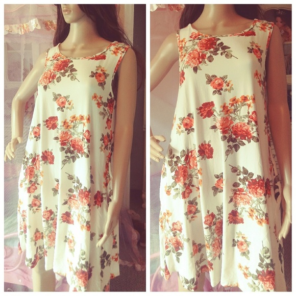 ⬇️ Soft Ivory Floral Midi Tunic Dress Size M - Picture 1 of 7